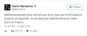 Postagem de Karim Benzema em seu Twitter.
