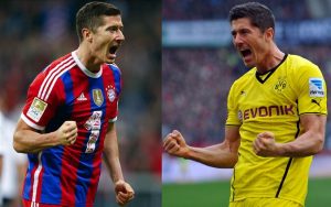 Lewandowski jogando pelo Bayern de Munique (esquerda) e Borussia Dortmund (direita).